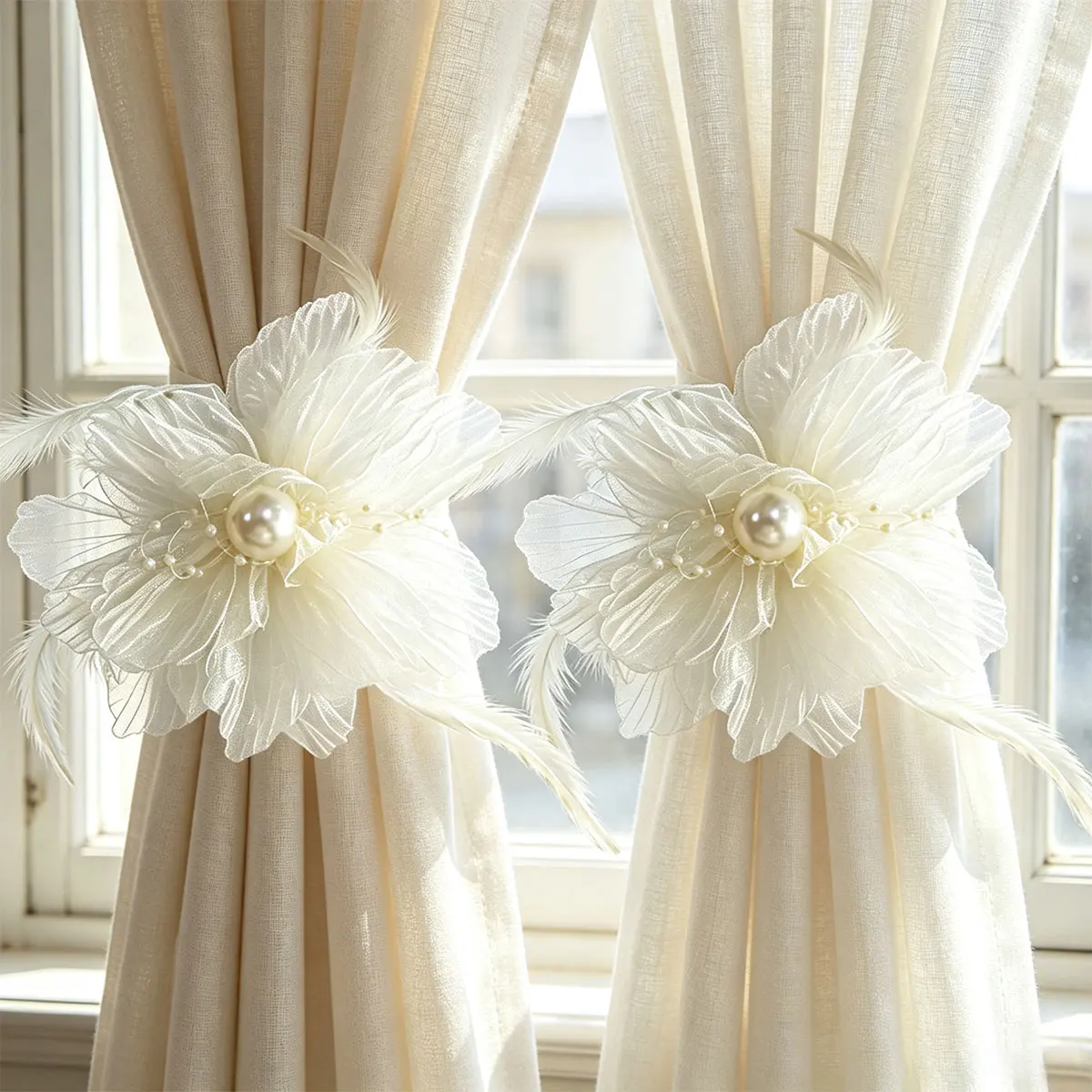 2Pcs Curtain Tiebacks Flower Decor Curtain Holdbacks with Pearl & Feather Ornaments Window Drape Holder for Living Bedroom Decor