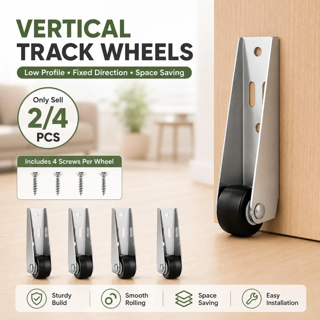 2/4 PCS Vertical Track Wheels, Low Profile Fixed-Direction Rubber Wheels, Side-Mount Hardware for Furniture, Drawers