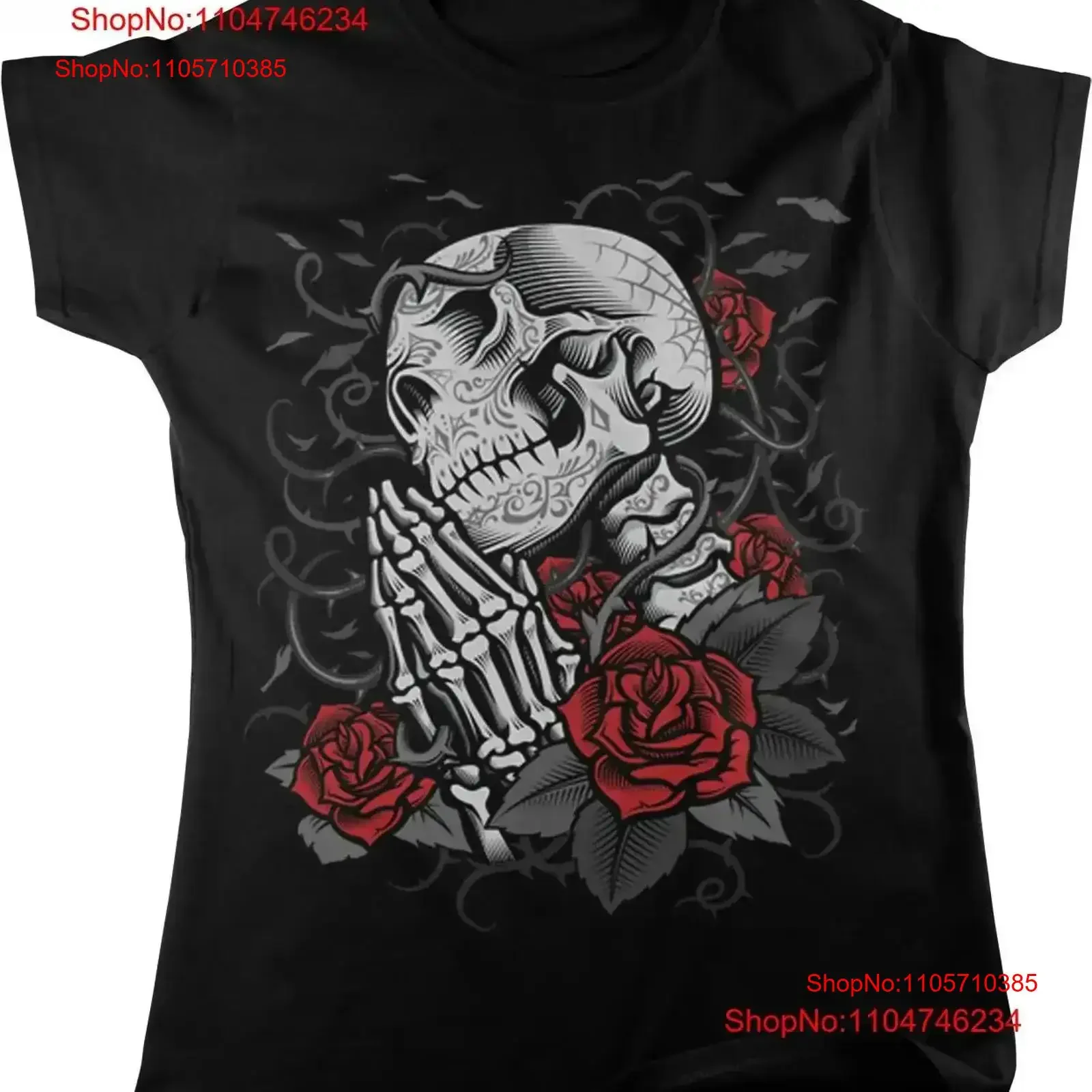 Thorn Roses Pray Dia De Muertos Skeleton Women's T shirt vintage Washed Comfortable fashion Stylish Slightly Stretched vintage