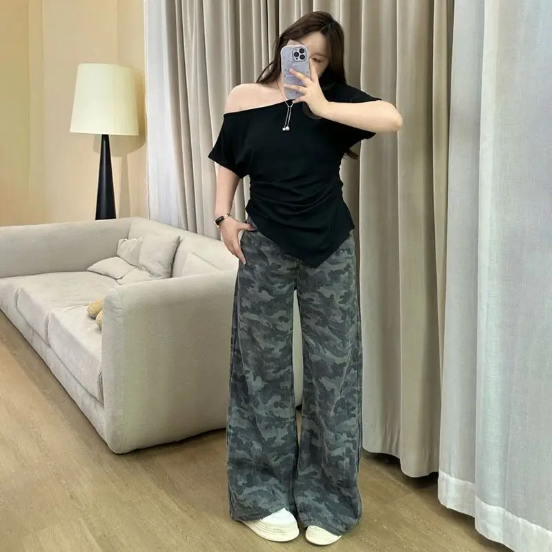 

American High Street Workwear Wide Leg Camouflage Jeans Women's Retro High Waist Loose Slim Straight Casual Pants