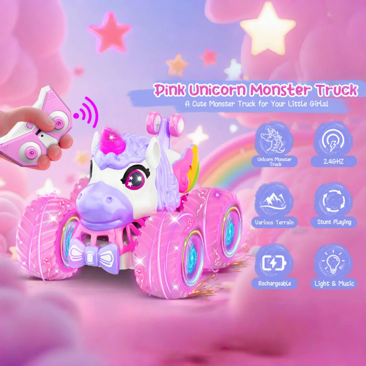 Coche acrobático Bigfoot con control remoto, coche acrobático RC de 2,4 GHz con luz LED y música, regalos de unicornio para niñas, regalos de cumpleaños al aire libre