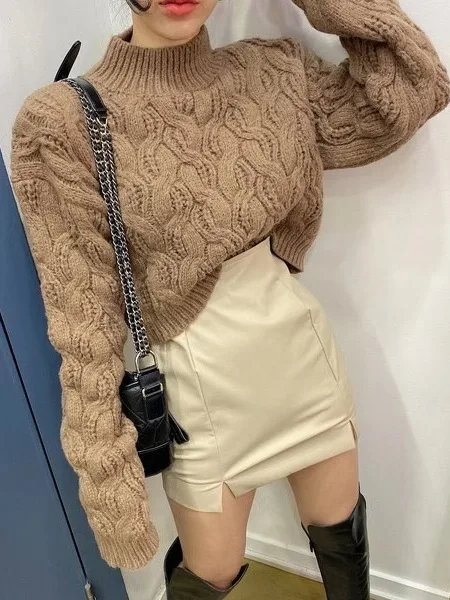 

Свободный вязаный свитер женский осенне-зимний с высоким воротником, повседневный пуловер с мягкой вязкой и узором косы