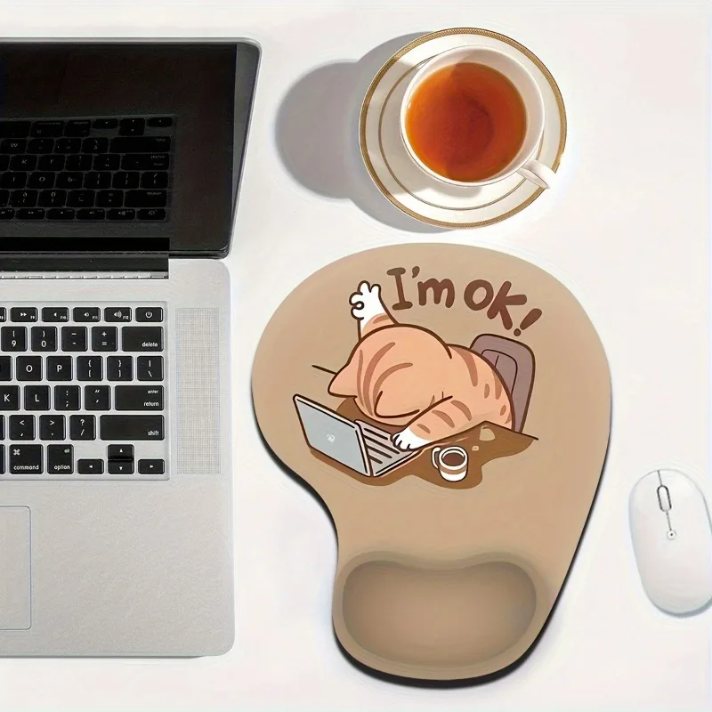 1Pc Comfortable Wrist Rest Mouse Pad With Cute Cat Design, Brown/Blue, 19x23 Cm, Enhances Comfort And Productivity, Perfect For
