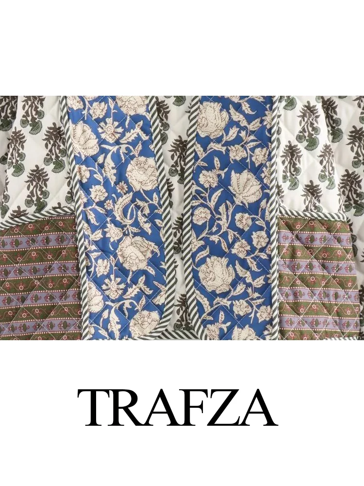 TRAFZA-Chaqueta de algodón acolchada de un solo pecho para mujer, cárdigan informal con estampado de doble cara, abrigo cálido, único y elegante