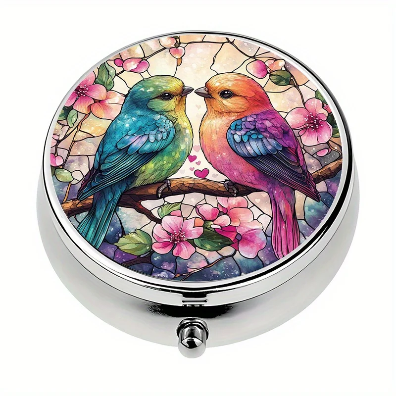 Single pack, travel portable case, with 3 storage bags, two lovebird decorative metal cases for storing vitamins or as a wallet, unique organizer for vitamins and medication, flat print