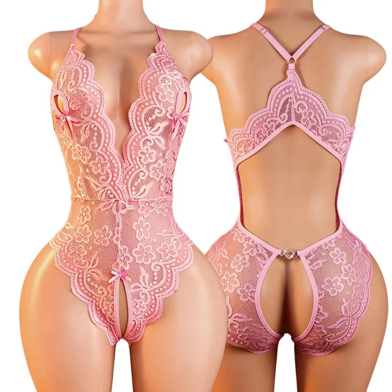 Sexy Black Lace Halter Bodysuit Women Deep V Cutout Bow See Through Sheer Lingerie Open Crotch Teddy Nightwear Intimate Outfit