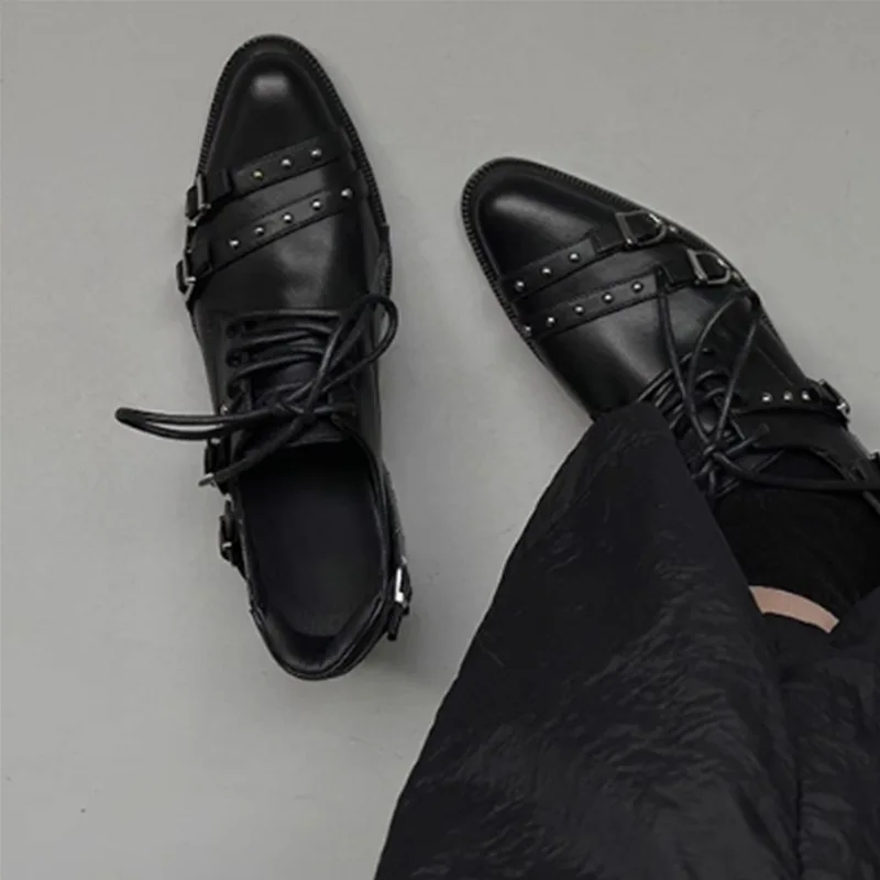 

Black Punk Style Buckle Studded Lace-Up Leather Shoes Women's Dark Cool Unique Daily Versatile Square Toe Low Heel Street Shoe