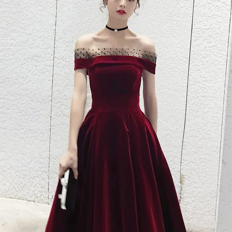 Toasting with velvet wine red one-line shoulder banquet dress Small