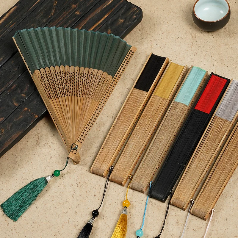 Bamboo Ladies Hand Fabric Fold Fan Silk Chinese Retro Solid Color Dance Antique Tassel Folding Hanfu Wedding Fans Party Favors