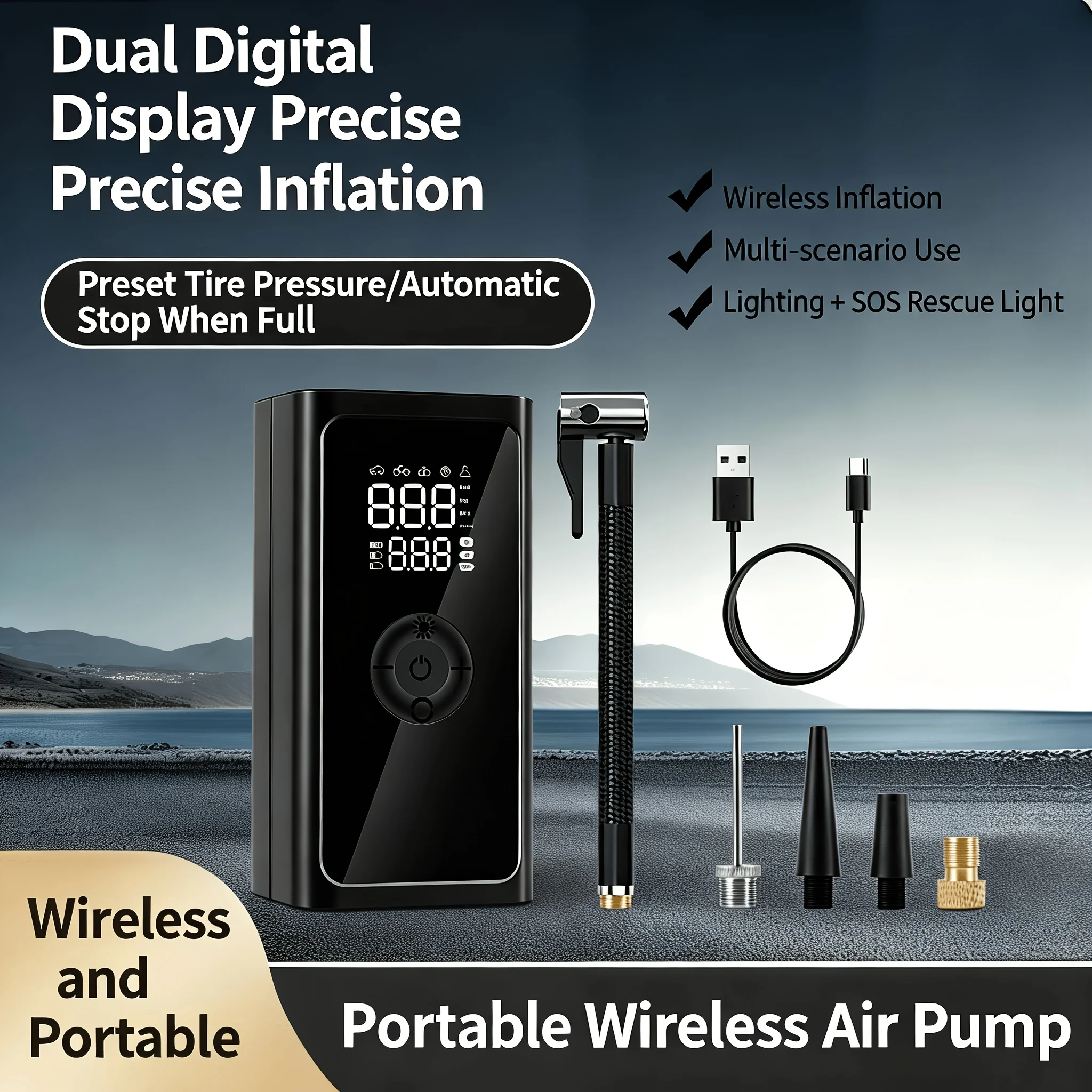 

Wireless car inflation pump, portable tire inflator with digital pressure gauge, LED light and distress function