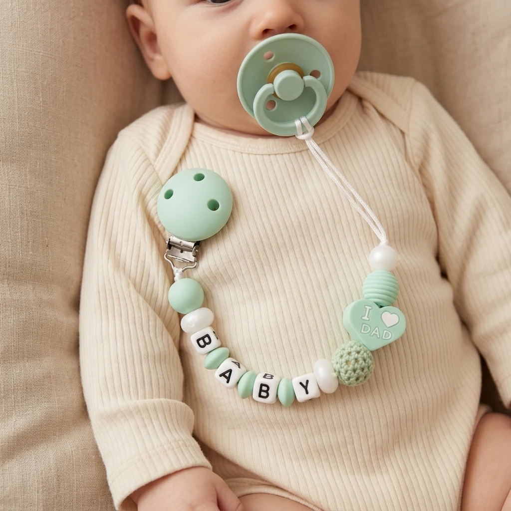 Custom Name Baby Pacifier Clip BPA Free Silicone Teether Holder Handmade Mint Dummy Chain I Love Dad Newborn Gift