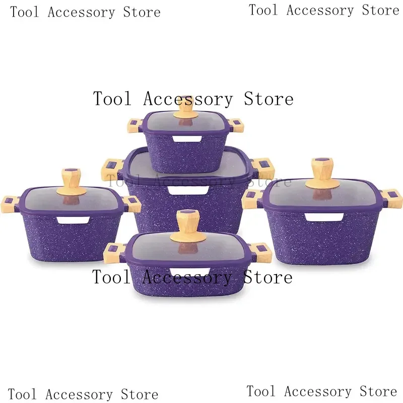 

New Style 10 Pcs Square Stock Pot Nonstick Die-Cast Aluminum Cookware Set Granite Gumwood Silicone Lid Heat Resistant Handle