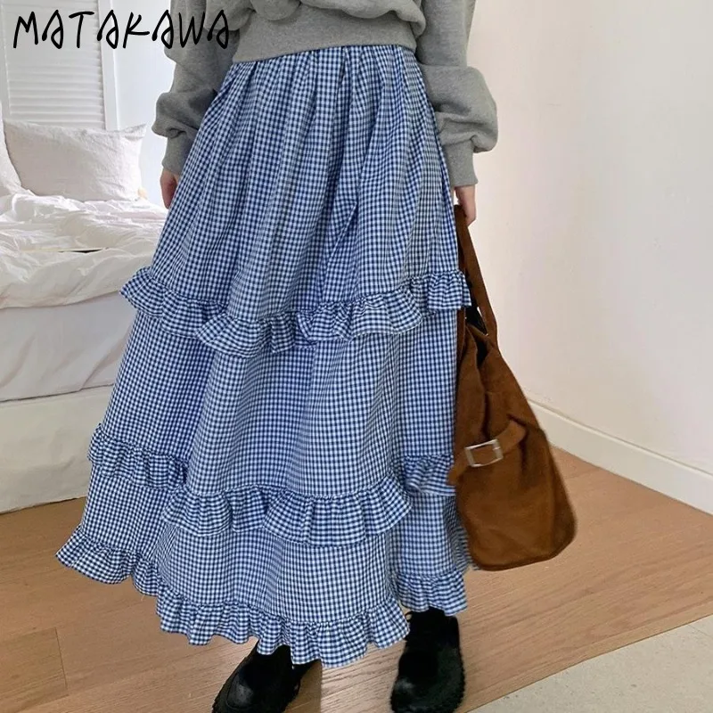 

Matakawa Ruffles Plaid Long Skirts Korean Fashion Sweet Vintage High Waist Faldas Mujer Spring Autumn Elegant Women Skirt