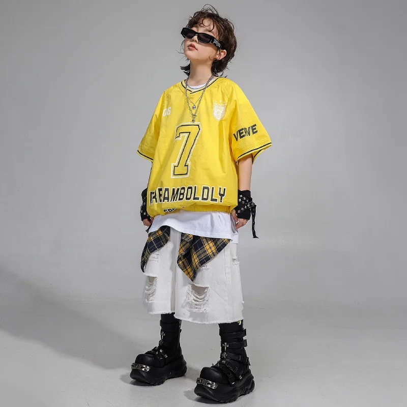 Hip Hop Mädchen Kleidung Kinder Jazz Street Dance Kostüm Nummer 7 Print T-Shirt Weiß Zerrissene Shorts für Jungen Performance Outfit