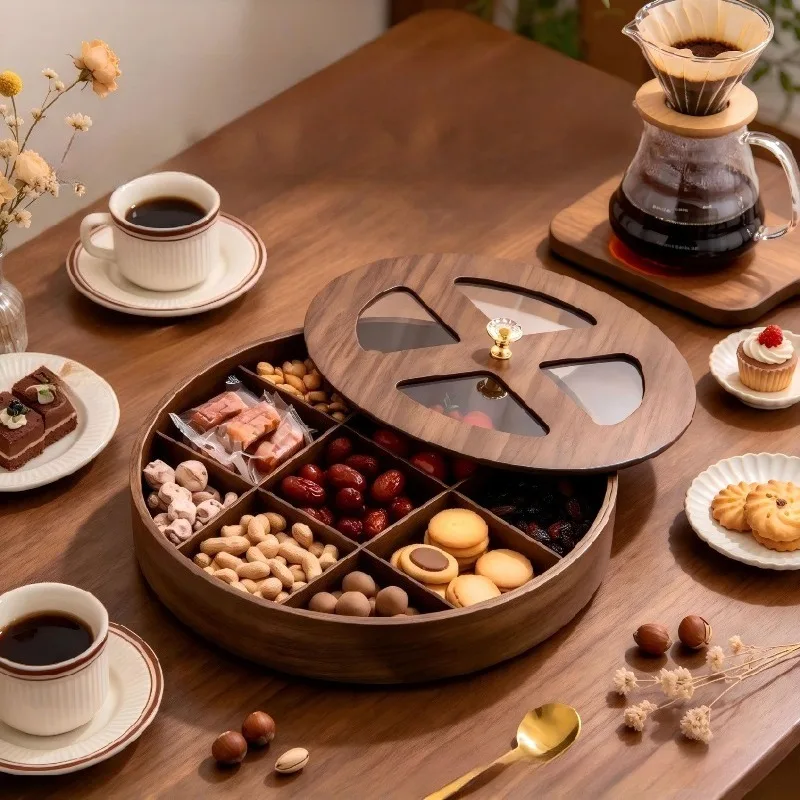 Chinese Style Bamboo Nine Compartment Serving Tray Dried Fruit Nut Snack Pastry Plate For Home Stove Boiling Tea Party Decor
