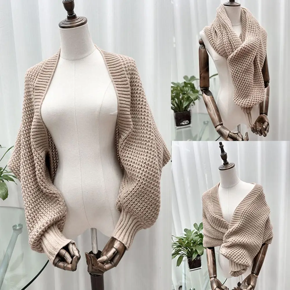 

Knit Scarf Cape Autumn Winter Knitting Shawl Ribbed Trim Long Sleeve Open Front Shawl Wrap Solid Color Ribbed Trim Cozy Wrap