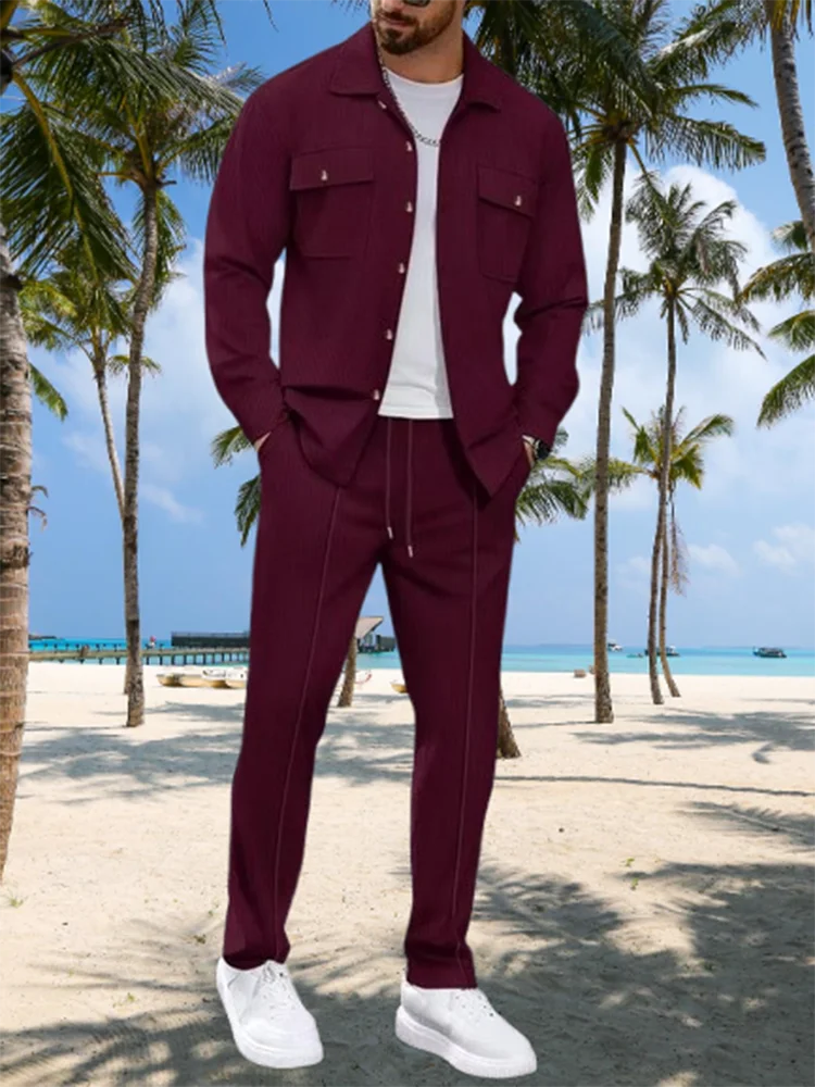 

Модные вафельные текстурированные костюмы из двух предметов, мужские осенние повседневные однотонные рубашки-карго и брюки, мужские наряды, однотонные комплекты