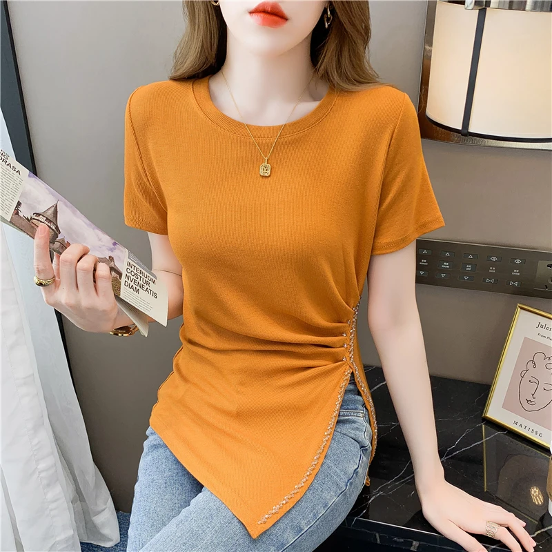 

Fashion Casual Woman Tshirts Women Sexy Tops Female Office Lady Beautiful Aesthetic Girls Asymmetric Split T Shirts Dropshipping