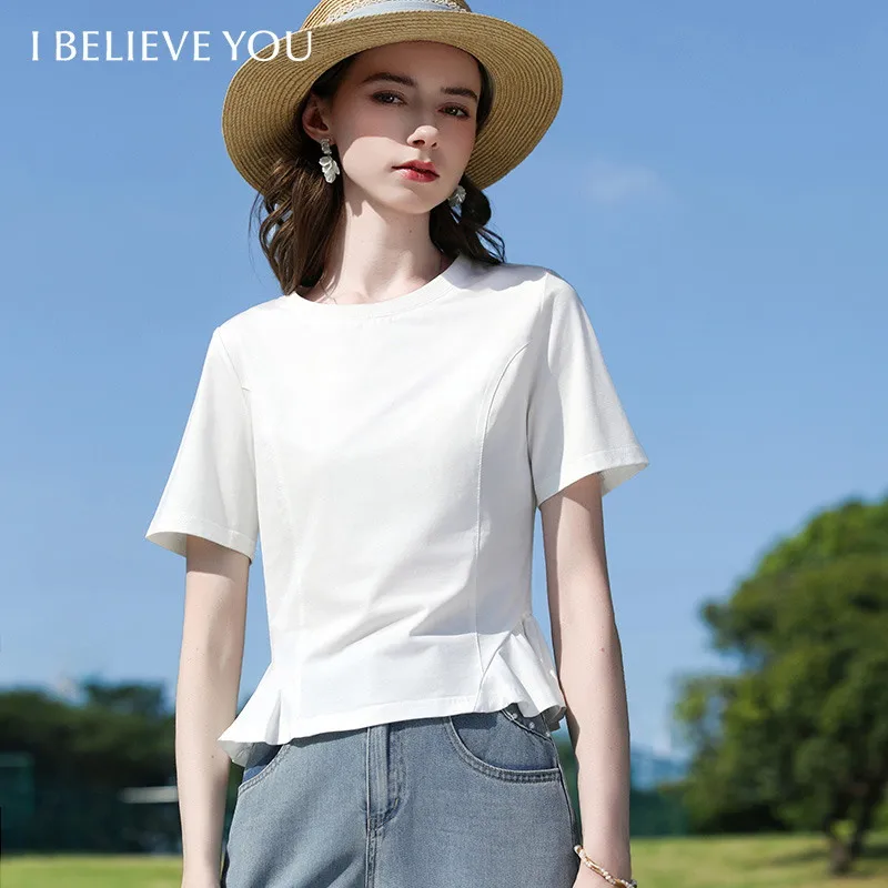 I BELIEVE YOU T-shirt blanc à manches courtes et col rond pour femme, nouvelle collection été 2026, haut en maille côtelée de couleur unie 2261016286