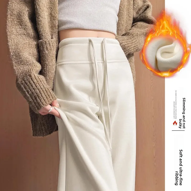 

Thickened Fleece Wide Leg Pants Women's High Waist Loose Drapey Warm Autumn Winter New Style Casual Trousers Ladies' Fashion