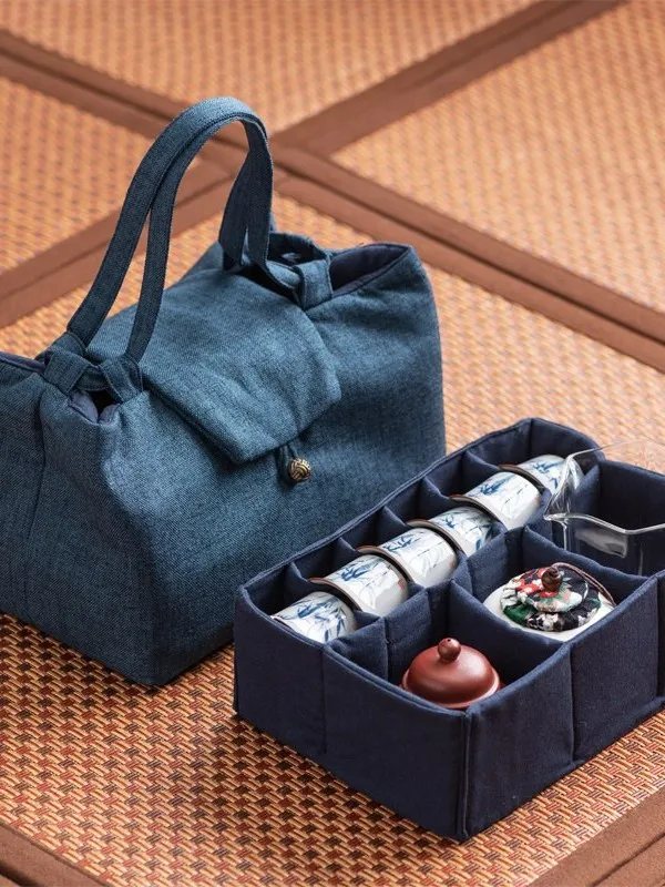 厚みのある旅行用キャリーオンティーポットセットハンドバッグ収納キャンバスバッグクロスボディバッグティーセット布製ボックスバッグ環境に優しいショッピングバッグ