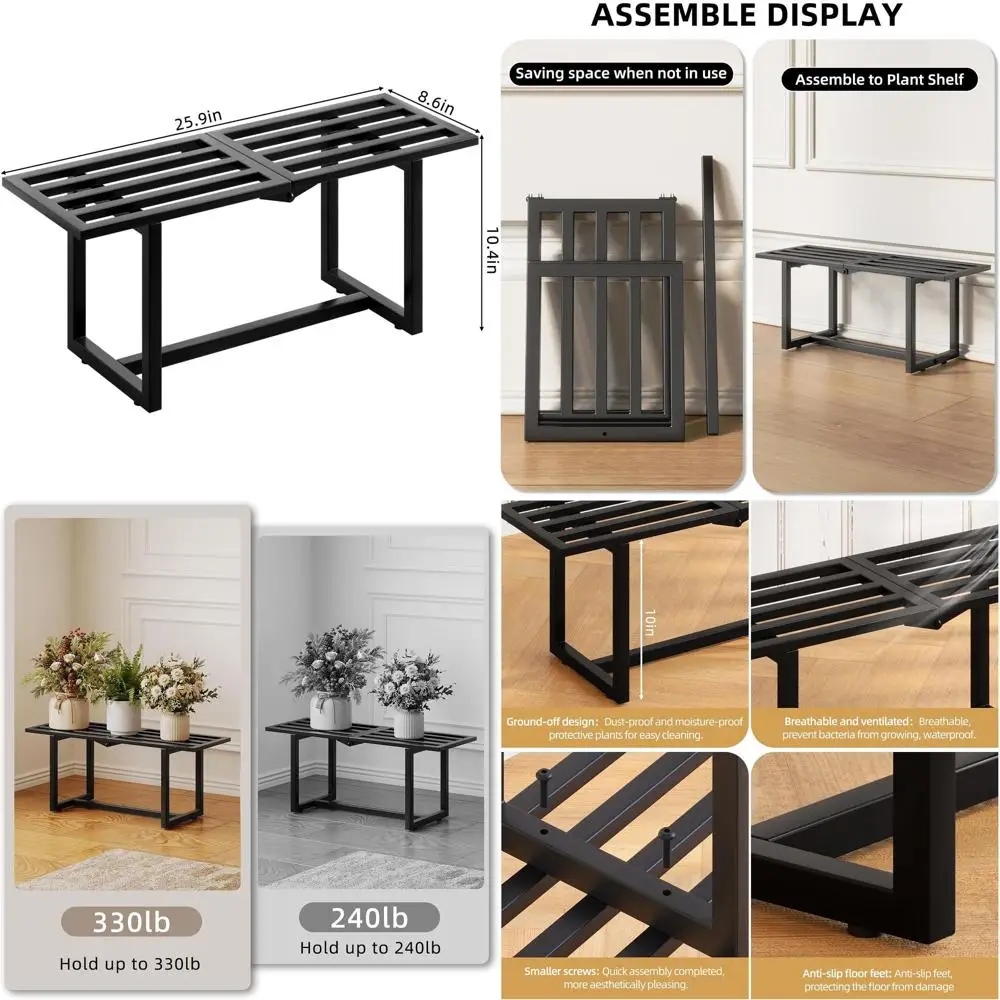 

Sturdy 1-Tier Metal Plant Stand for Indoor/Outdoor Use, Holds 330 lbs, 26L x 10.4H x 8.6W, Black