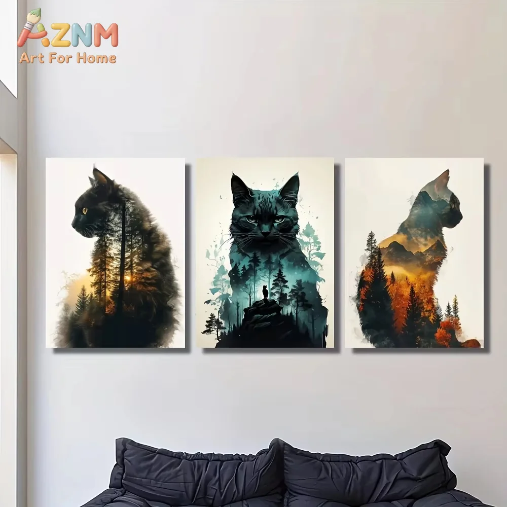 AZNM Double Exposure Cat Forest Landscape Canvas Wall Art, Frameless Watercolor Wild Cat Print, Mountain Tree Silhouette Poster