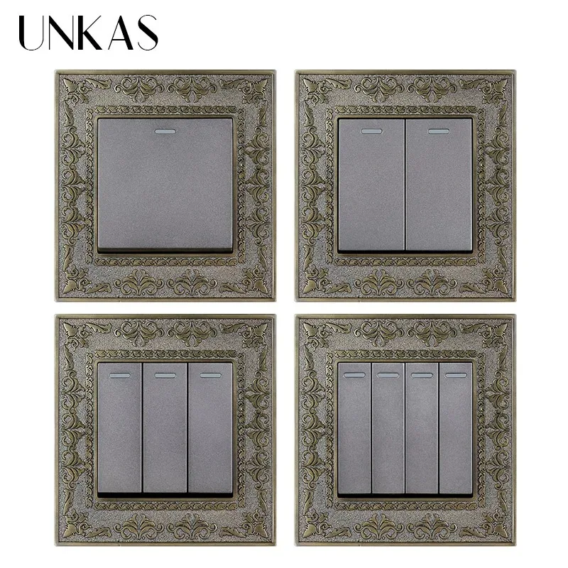 

UNKAS 1 2 3 4 Gang 1 / 2 Way Wall Light on / Off Switch Grey 4D Embossing Panel Retro Zinc Alloy Luxury Pass Through Gray 86MM