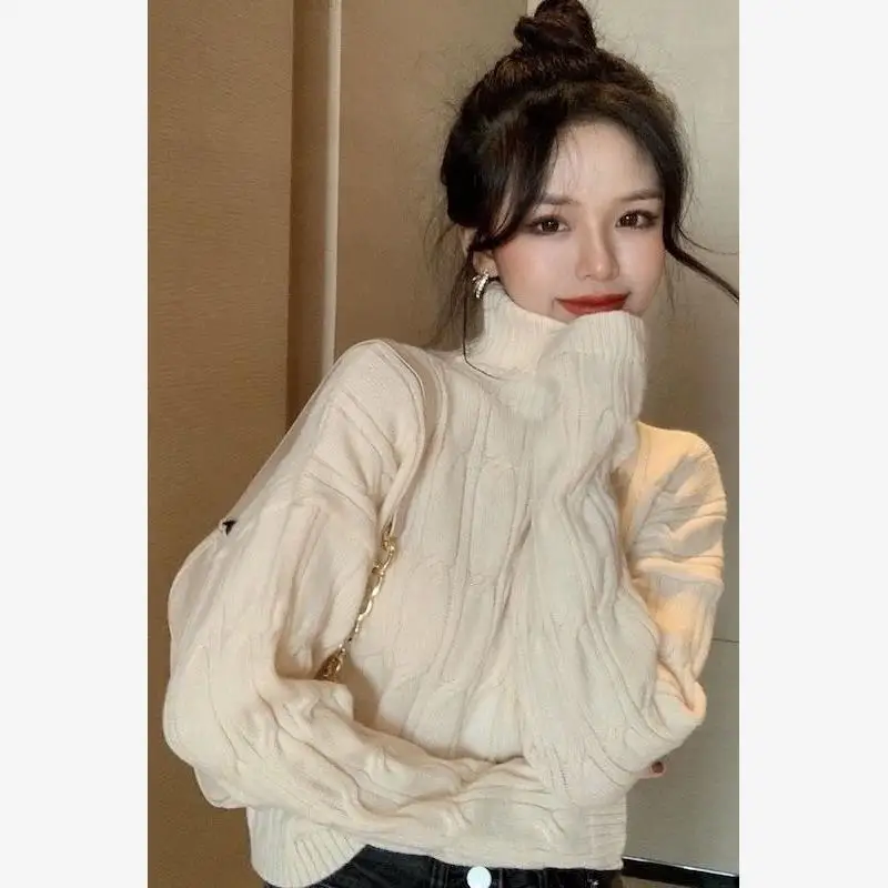 

Women's High Collar Sweater Loose Long Sve Knitted Crop Top Trendy Lazy Sle Autumn Winter New Arrival Korean Version