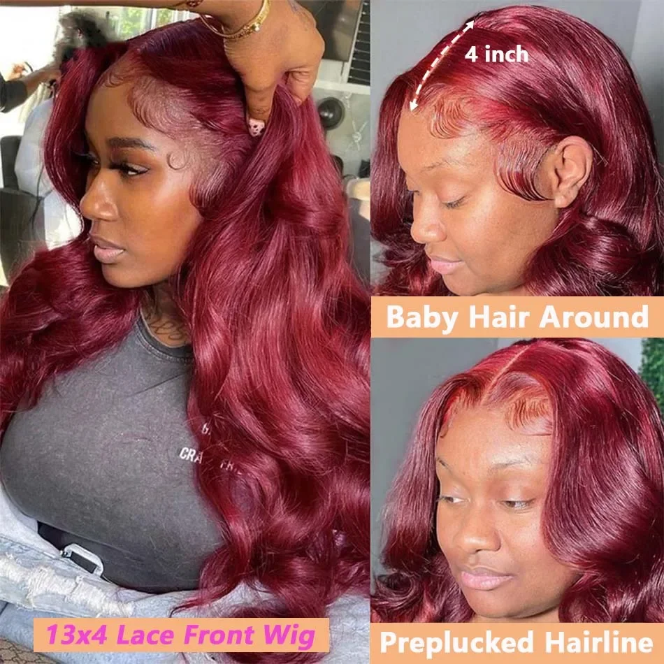 Red Colored Body Wave Human Hair Wigs Fringe 99J Burgundy 13x4 Lace Frontal Glueless Wigs With Bangs Hd Lace Wig 13x6 Human Hair