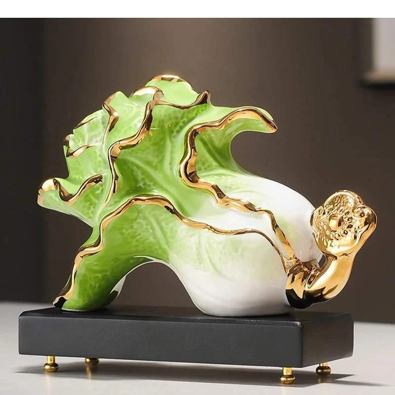Gold-plated Green Cabbage Statue Desk Decoration Mascot Ornaments Modern Crafts Ceramic Sculpture Room Aesthetic Decor