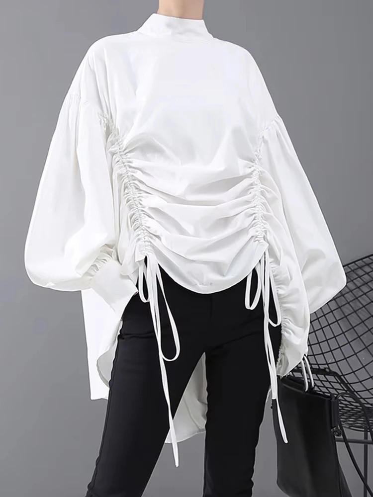 Women Back Long Drawstring Big Size Blouse New Satnd Collar Long Sleeve Loose Fit Shirt Fashion Spring Autumn 2024 1N242