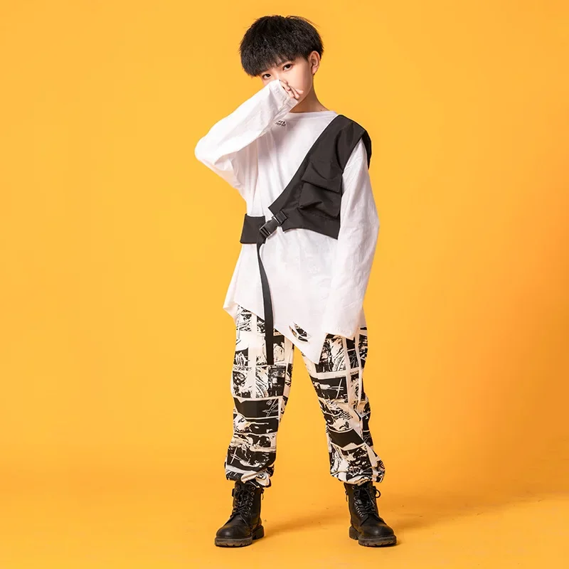 Oversized Long Sleeve T Shirt One Shouler Top Streetwear Harajuku Jogger Pants Kid Hip Hop Clothing Dance Costume