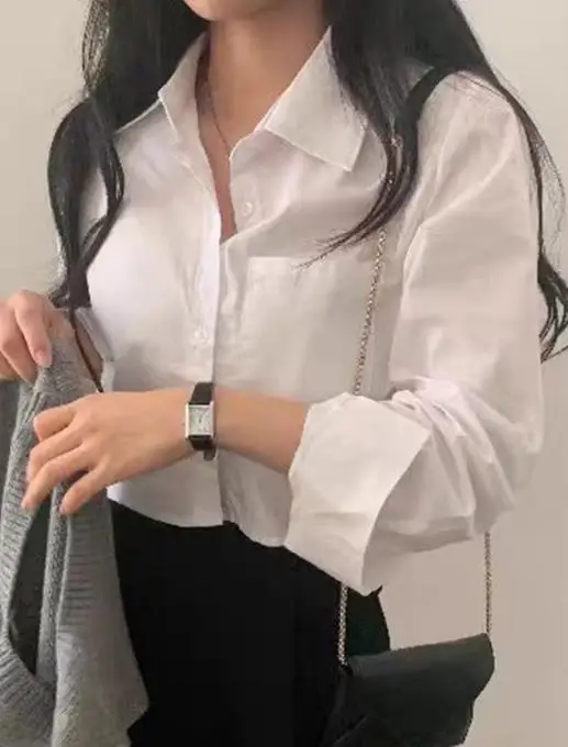 

Autumn Classic Versatile Solid Color Lapel Long Sleeved Shirt for Women, Elegant Slim Fit, Simple Button Down Long Sleeved Shirt