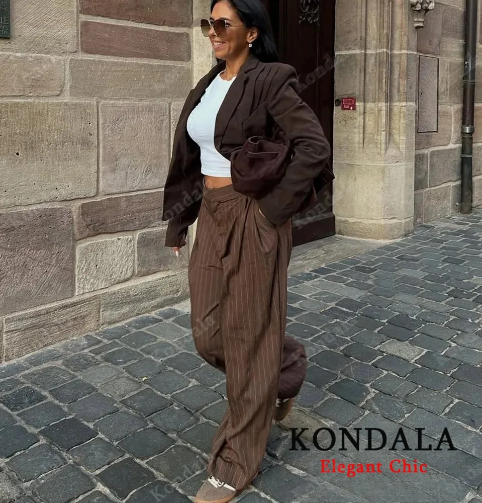 KONDALA Elegancki damski garnitur w paski, dopasowana marynarka na guziki lub spodnie z szerokimi nogawkami, moda wiosna-jesień 2025, zestaw spodni do pracy dla kobiet