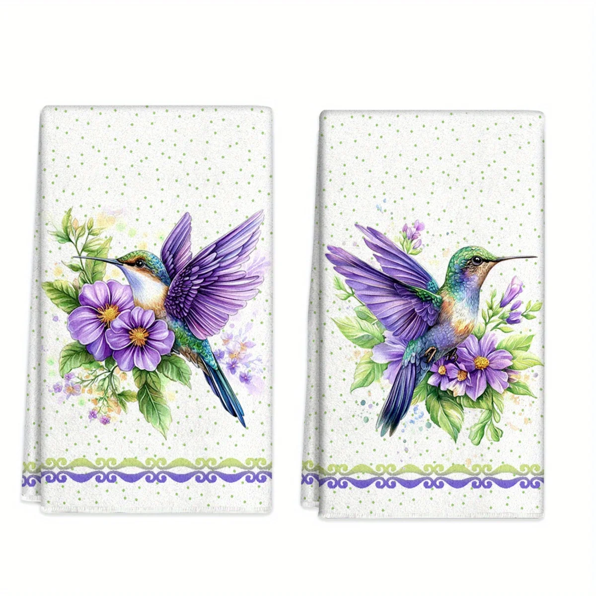 2 hummingbird flower polka dot hand towels