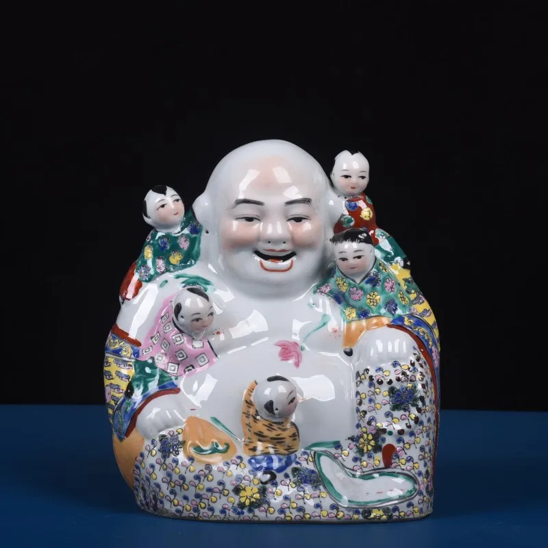 Jingdezhen Ceramic Pink Sculpture Five Sons, Ascending Science, Big Belly Maitreya Buddha Gift, Fortune Buddha Statue