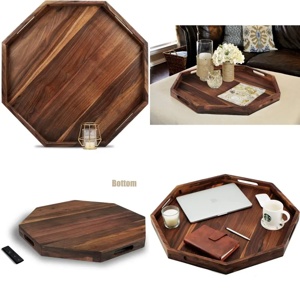 

Large Octagonal Black Walnut Ottoman Tray with Handles for Serving Tea and Coffee, Classic Decorative Wooden Serving Tray