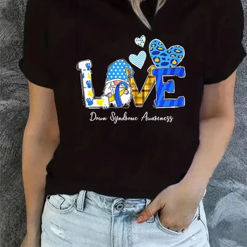 러브 월드 다운 신드롬 데이 인식 레오파드 그놈 리본 티셔츠, 남성 또는 티, 라운드 넥 인쇄, 여성 티셔츠  Best5