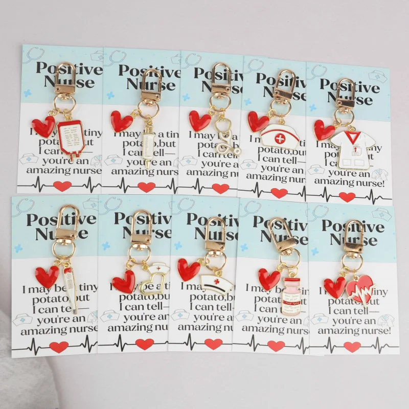 10pcs Interesting medical-themed set with red heart keychain Belt“A proactive nurse”Card  Decorate clothes Bag Keychain，Holiday