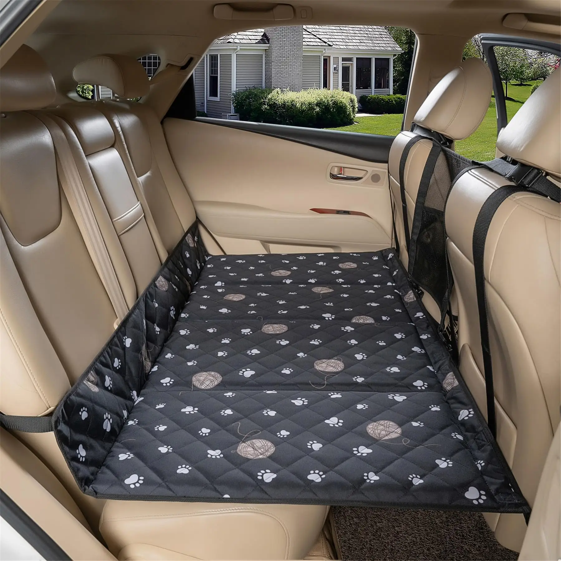 

Dog Backseat Hammock Extender With Quilted Paw Print Mat Hard Base For Car Travel SUV And Standard Vehicles