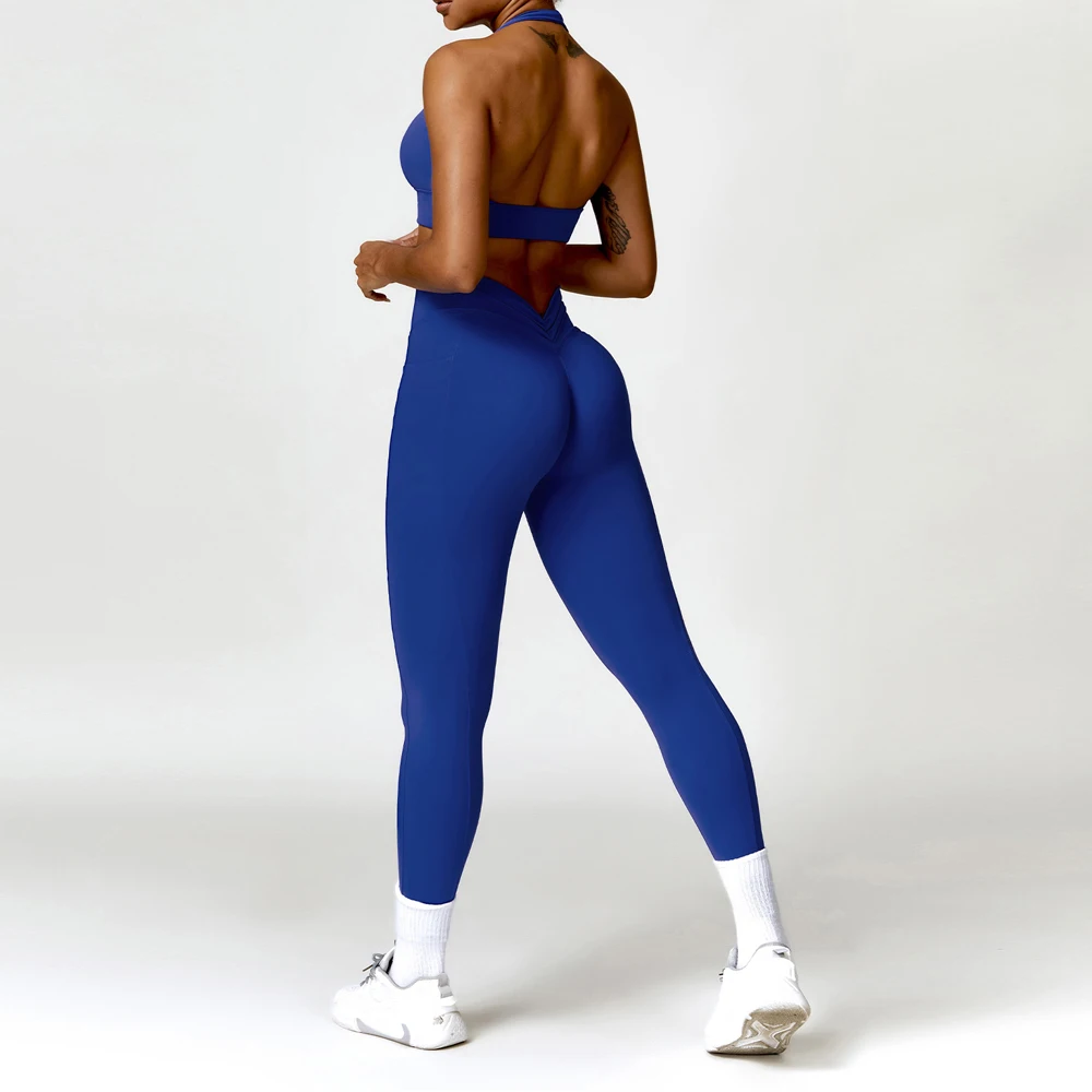 Women V Back Leggings With Pockets Halter Bras Sets Gym Fitness Leggins Outdoor Yoga Pants Push Up Tights Athletic Sports Suits