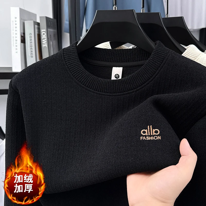 

2026 New Fashionable and Versatile Simple Casual Sweater with Thick Velvet and Round Neck, Men's Warm Inner Knit Sweater
