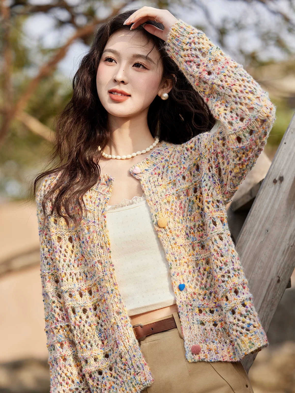 

Sweet Knitted Hollow out Cardigan Women's Spring 2025 New Sle Rainbow Button Outerwear Top Vintage Commute Sle Long Sve