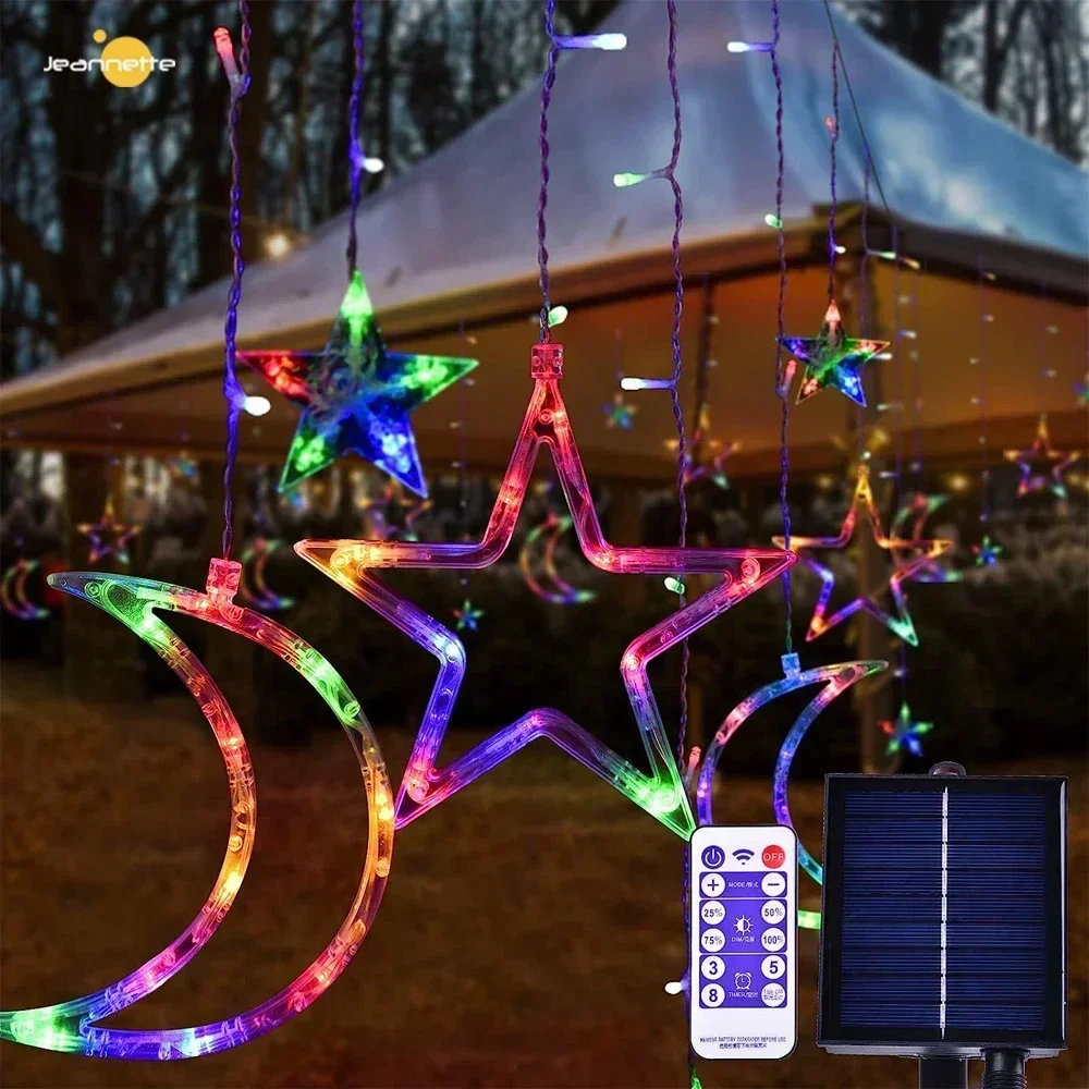 Solar LED String Lights Star and Moon Curtain Garland USB Power Lamp Fairy Lights Outdoor Garden Wedding Christmas Wedding Decor