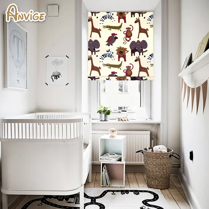 Anvige Motorized Cartoon Animal Zoo Printed Roman Shade Rollor Blind Window Curtains For Living Room