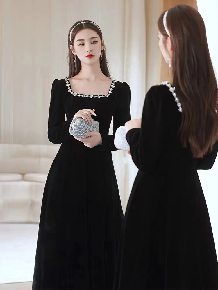 

Autumn Winter New Fashion Evening Dress For Women Solid Color Velvet Slim A-Line Elegant Square Collar Formal Banquet Party Gown