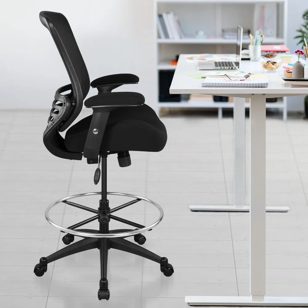 인체공학적 메쉬 사무용 드래프팅 의자 (조절 가능한 발판 및 높이 조절 가능한 팔걸이 포함) (블랙)