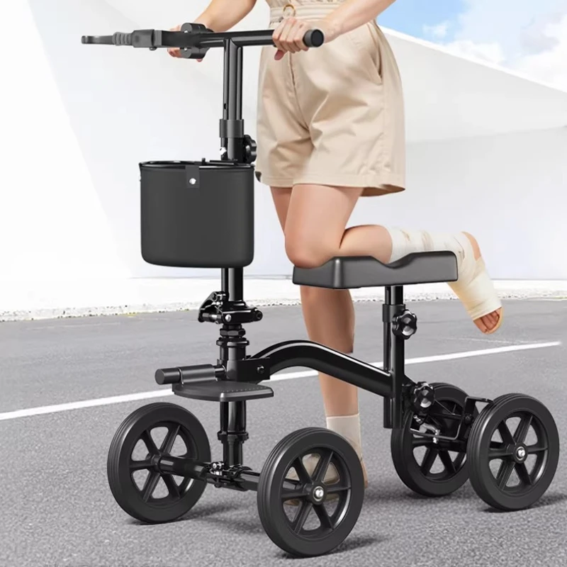 Outdoor High-carbon Steel 4 Wheels Folding Knee Rollator Scooter Walker Knee Support Fracture Walker Rehabilitation Mobility Aid