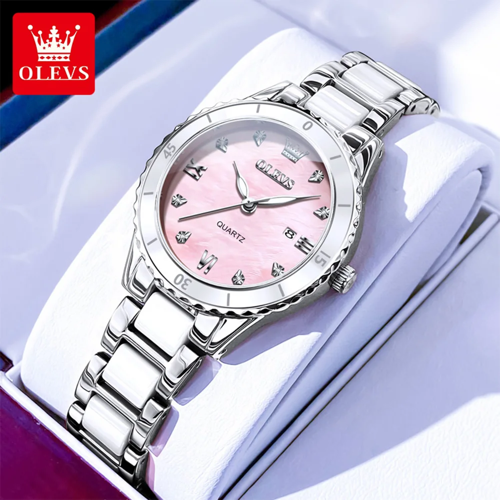 OLEVS 9985 Elegance Women Original Quartz Movement Watch Ceramic Steel Calendar Window Diamond Luminous Waterproof Watch